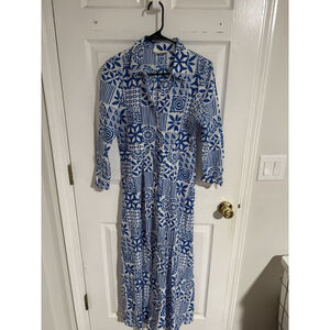 Julia Amory Block Print Maxi Shirt Dress XS – Blue White Floral